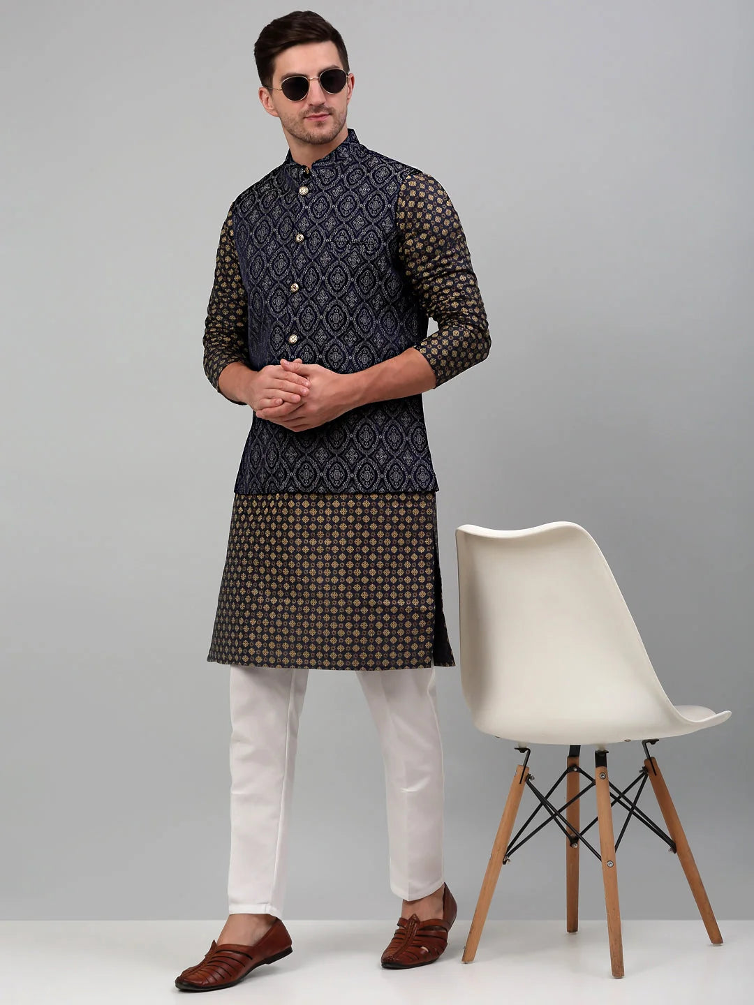 Men's Woven Design Nehru Jacket with Printed Kurta Pyjama Sets