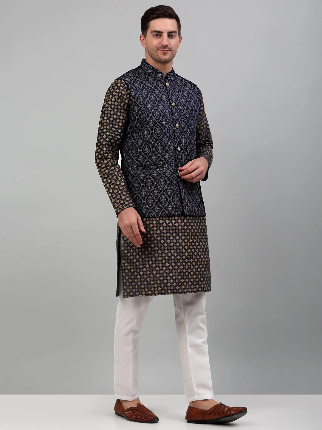 Men's Woven Nehru Jacket with Printed Kurta Pyjama Set