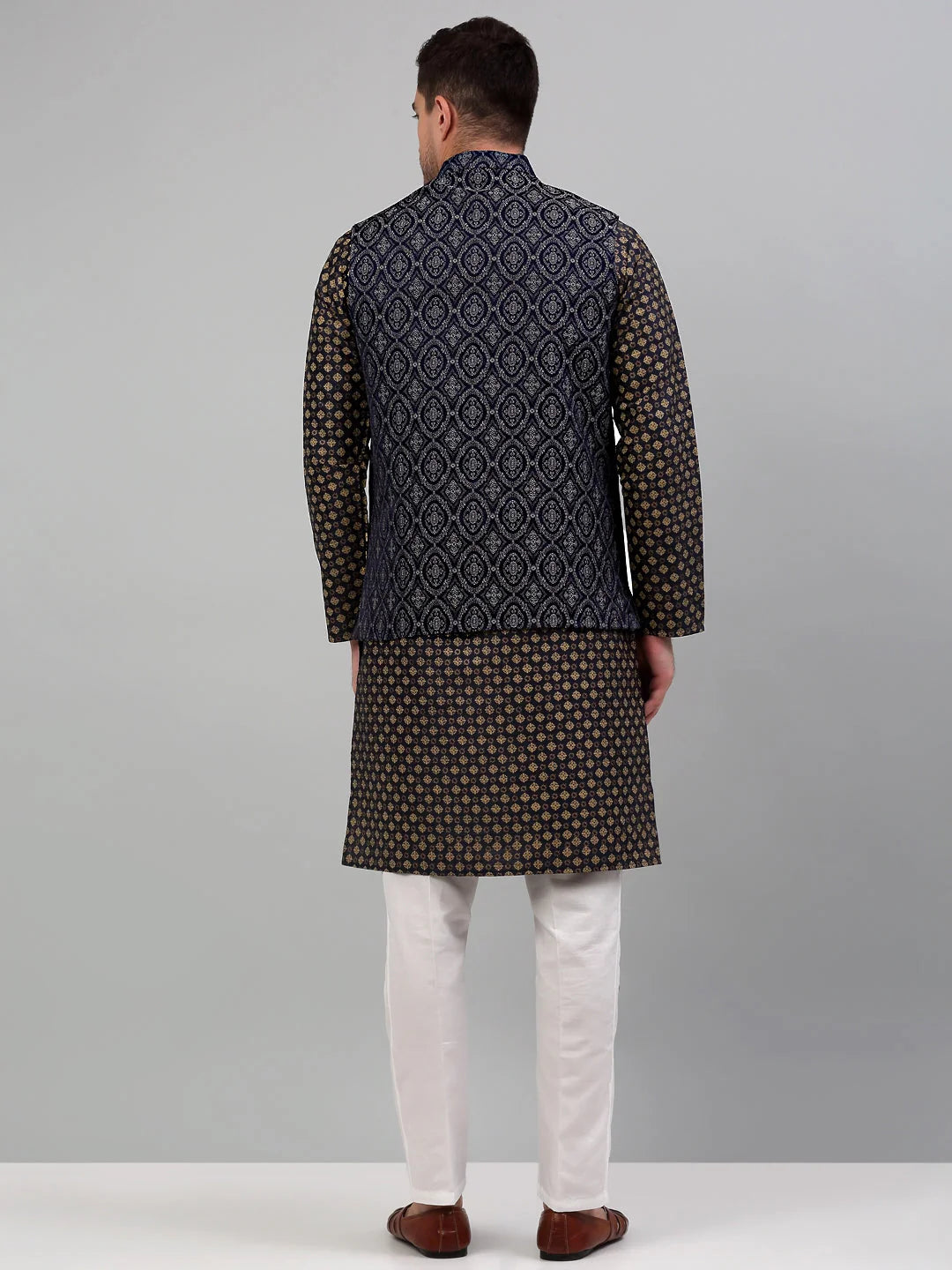 Men's Woven Nehru Jacket with Printed Kurta Pyjama Set