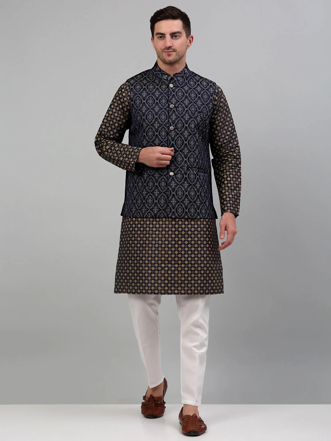 Men's Woven Nehru Jacket with Printed Kurta Pyjama Set