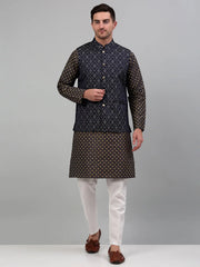 Men's Woven Design Nehru Jacket with Printed Kurta Pyjama Sets