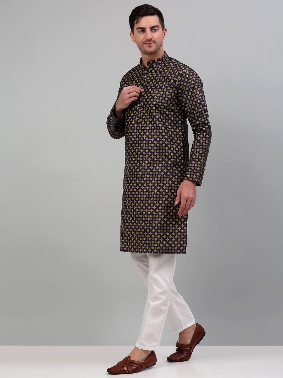 Men's Woven Nehru Jacket with Printed Kurta Pyjama Set