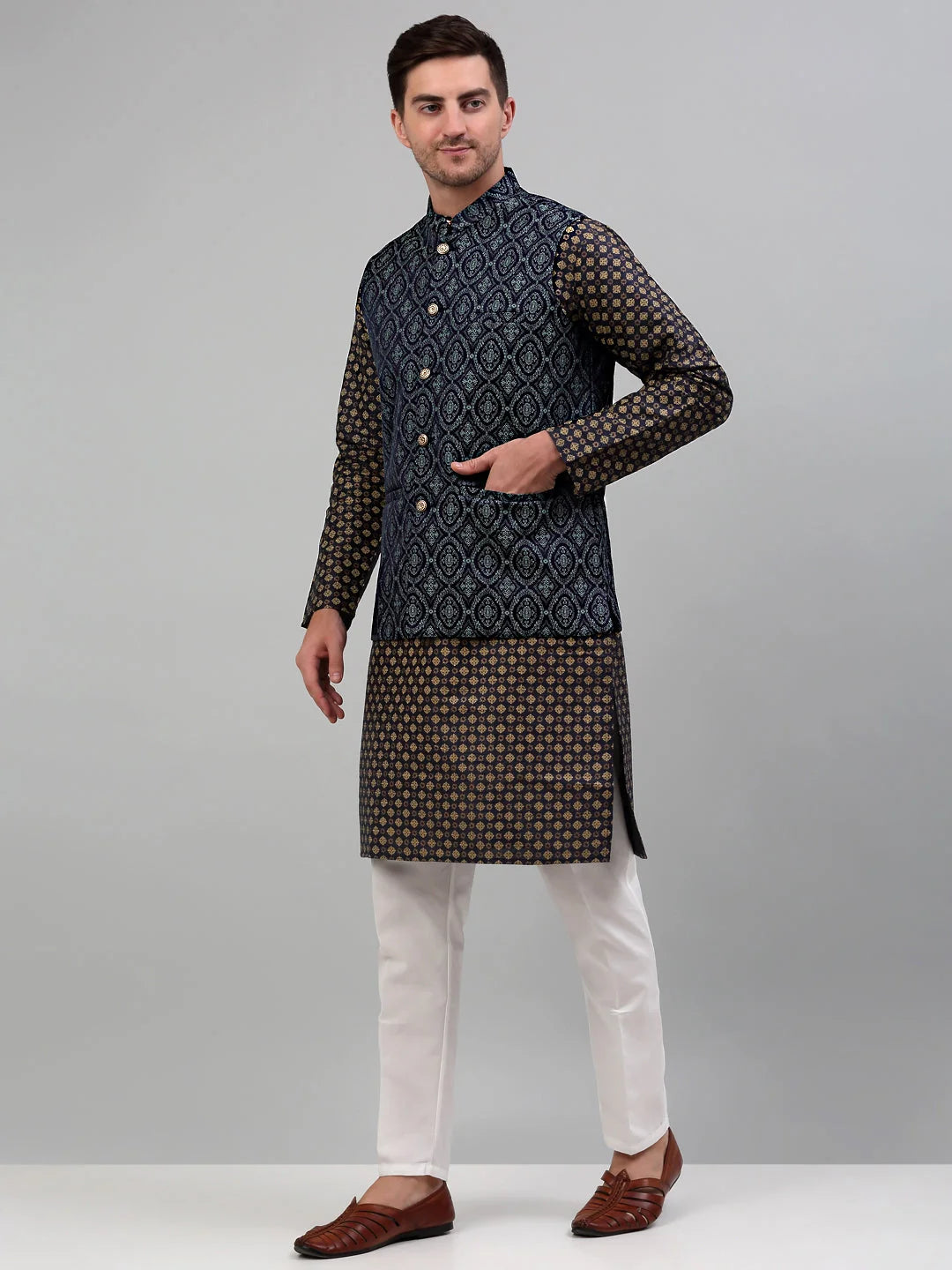 Nehru Jacket with Printed Kurta Pajama - Mens Kurta Pajama Set