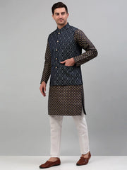 Men's Woven Design Nehru Jacket with Printed Kurta Pyjama Set