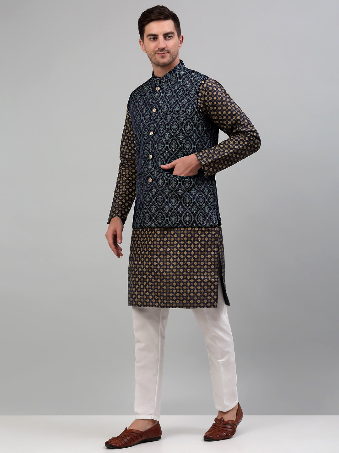 Nehru Jacket with Printed Kurta Pajama - Mens Kurta Pajama Set