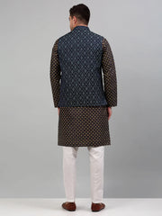 Men's Woven Design Nehru Jacket with Printed Kurta Pyjama Set