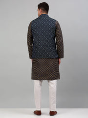 Men's Woven Design Nehru Jacket with Printed Kurta Pyjama Set