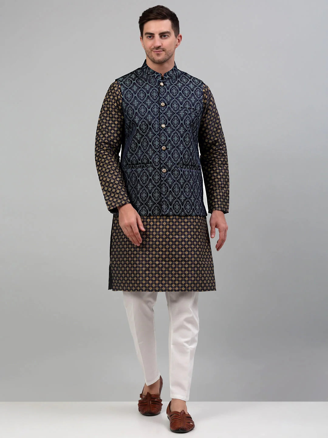 Nehru Jacket with Printed Kurta Pajama - Mens Kurta Pajama Set