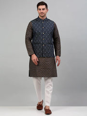 Men's Woven Design Nehru Jacket with Printed Kurta Pyjama Set