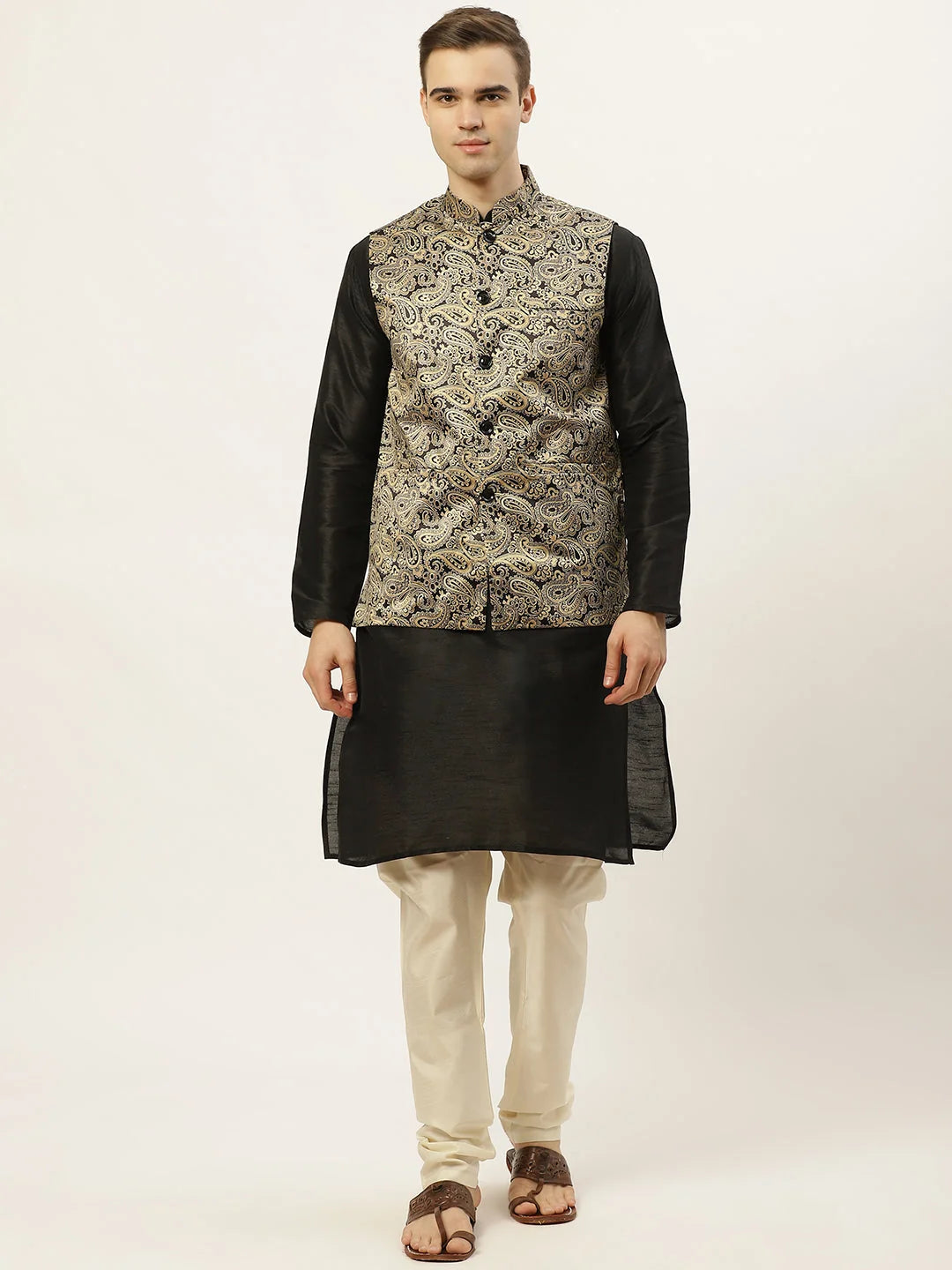 Men's Printed Nehru Jacket and Styled Kurta Pyjama Set-JOKPWC