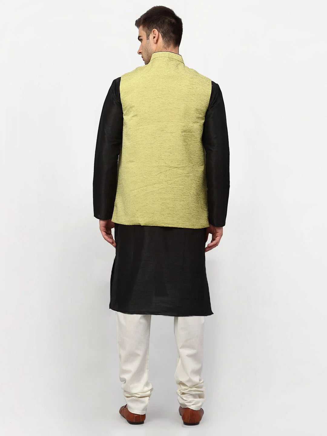 Black Dupion Silk Mens Kurta Pajama Set with Nehru Jacket