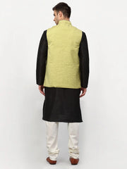 Men's Black Dupion Silk Kurta with Churidar & Nehru Jacket