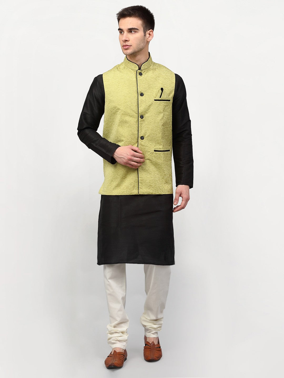 Black Dupion Silk Mens Kurta Pajama Set with Nehru Jacket