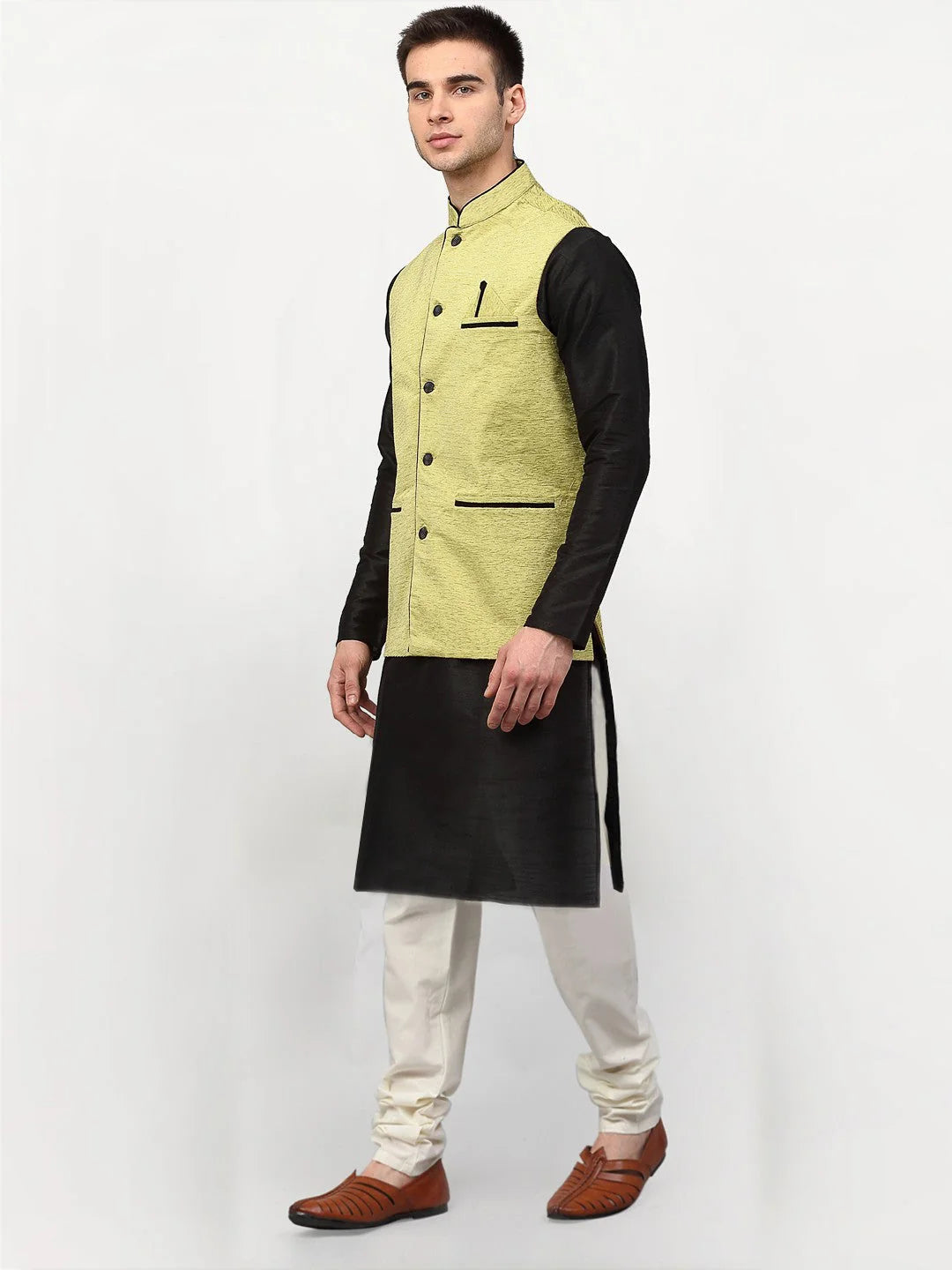 Black Dupion Silk Mens Kurta Pajama Set with Nehru Jacket