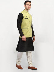 Men's Black Dupion Silk Kurta with Churidar & Nehru Jacket