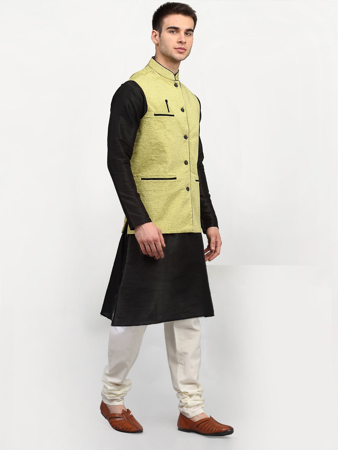 Black Dupion Silk Mens Kurta Pajama Set with Nehru Jacket