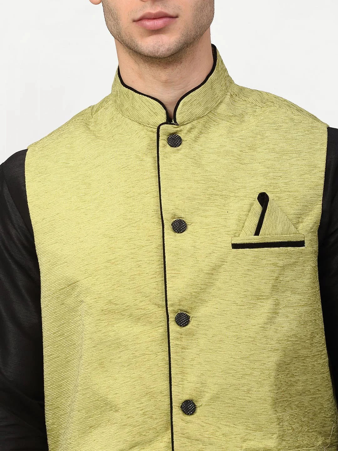 Black Dupion Silk Mens Kurta Pajama Set with Nehru Jacket