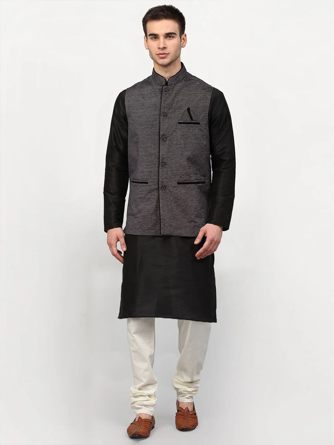 Black Dupion Silk Mens Kurta with Nehru Jacket & Churidar