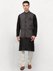 Men's Black Dupion Silk with Churidar & Nehru Jacket