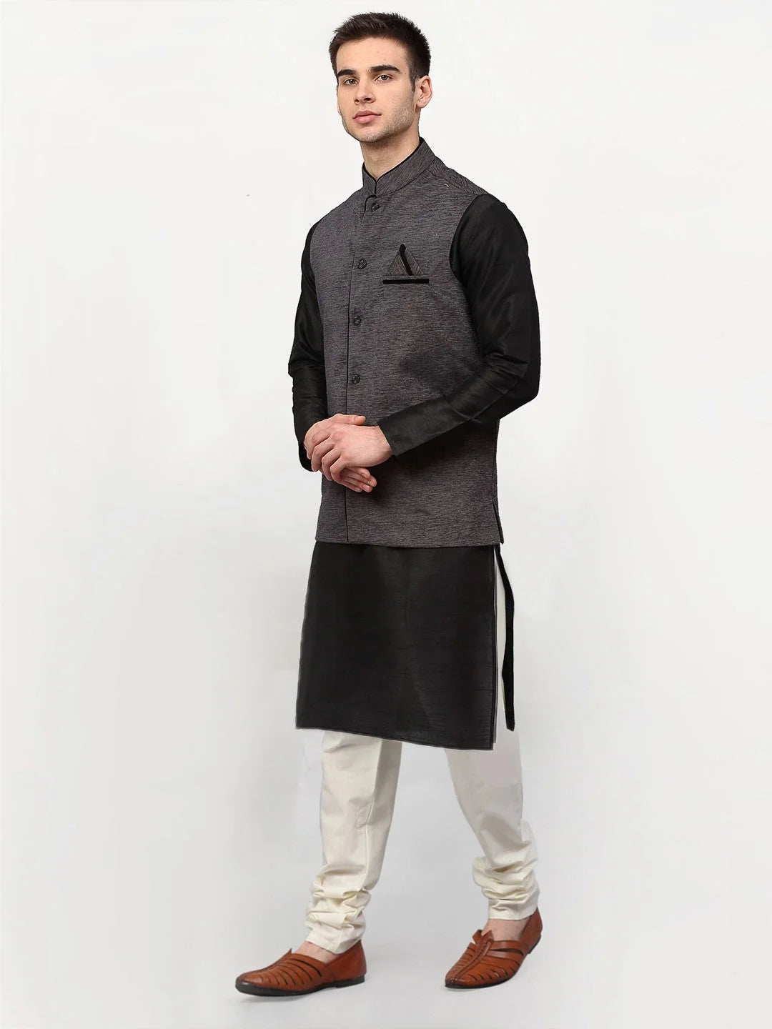 Black Dupion Silk Mens Kurta with Nehru Jacket & Churidar