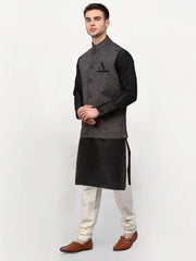 Men's Black Dupion Silk with Churidar & Nehru Jacket