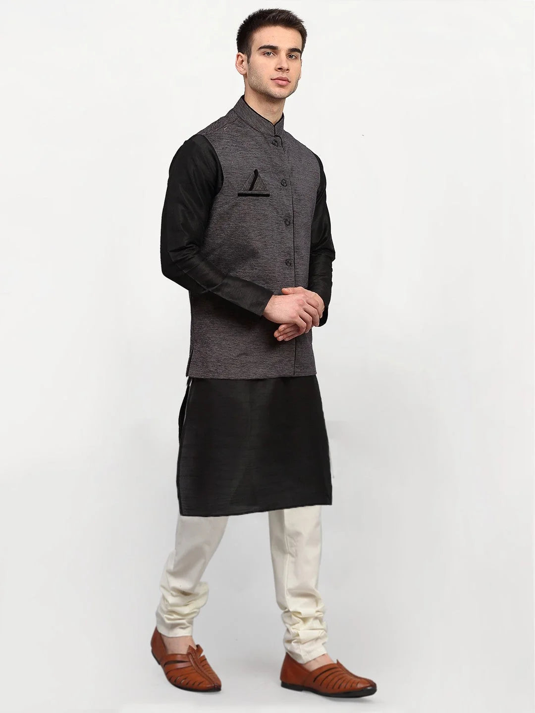 Black Dupion Silk Mens Kurta with Nehru Jacket & Churidar