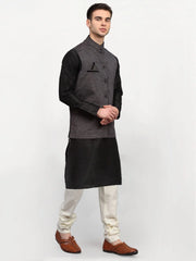 Men's Black Dupion Silk with Churidar & Nehru Jacket