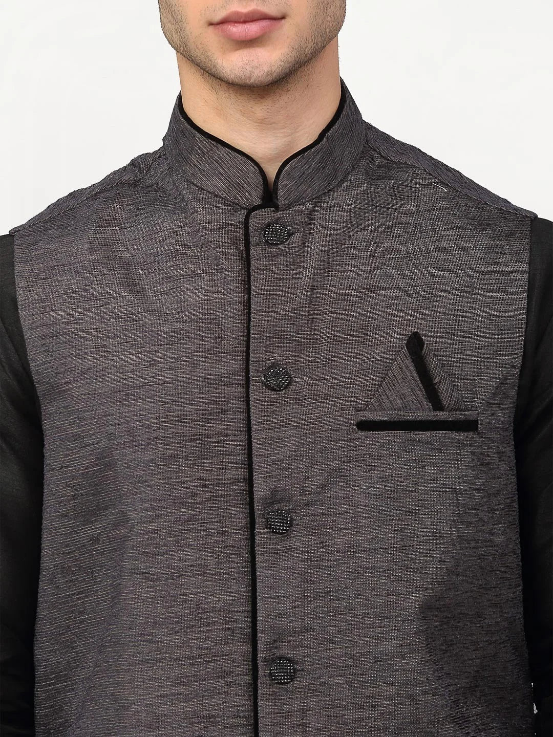 Black Dupion Silk Mens Kurta with Nehru Jacket & Churidar
