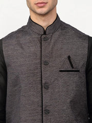 Men's Black Dupion Silk with Churidar & Nehru Jacket