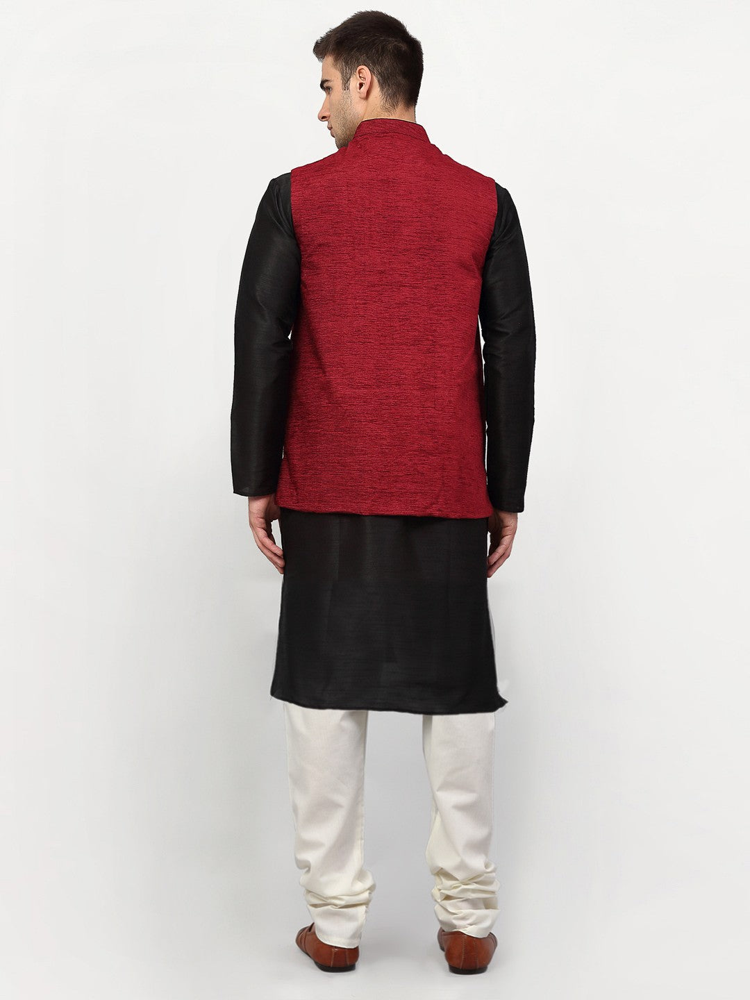 Mens Black Dupion Silk Kurta with Churidar & Nehru | Ethnic