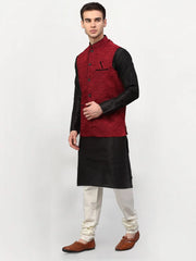Men's Black Dupion Silk Kurta with Churidar & Nehru