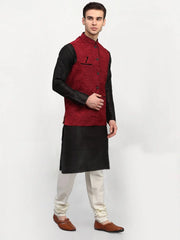 Men's Black Dupion Silk Kurta with Churidar & Nehru