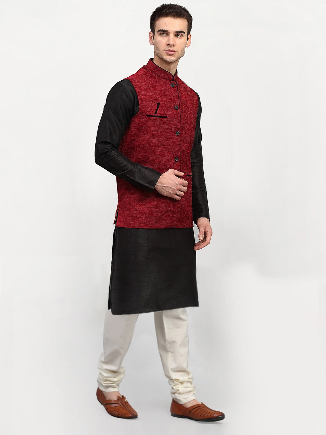 Mens Black Dupion Silk Kurta with Churidar & Nehru | Ethnic