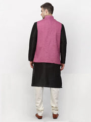 Men's Black Dupion Silk Kurta with Churidar & Jacket