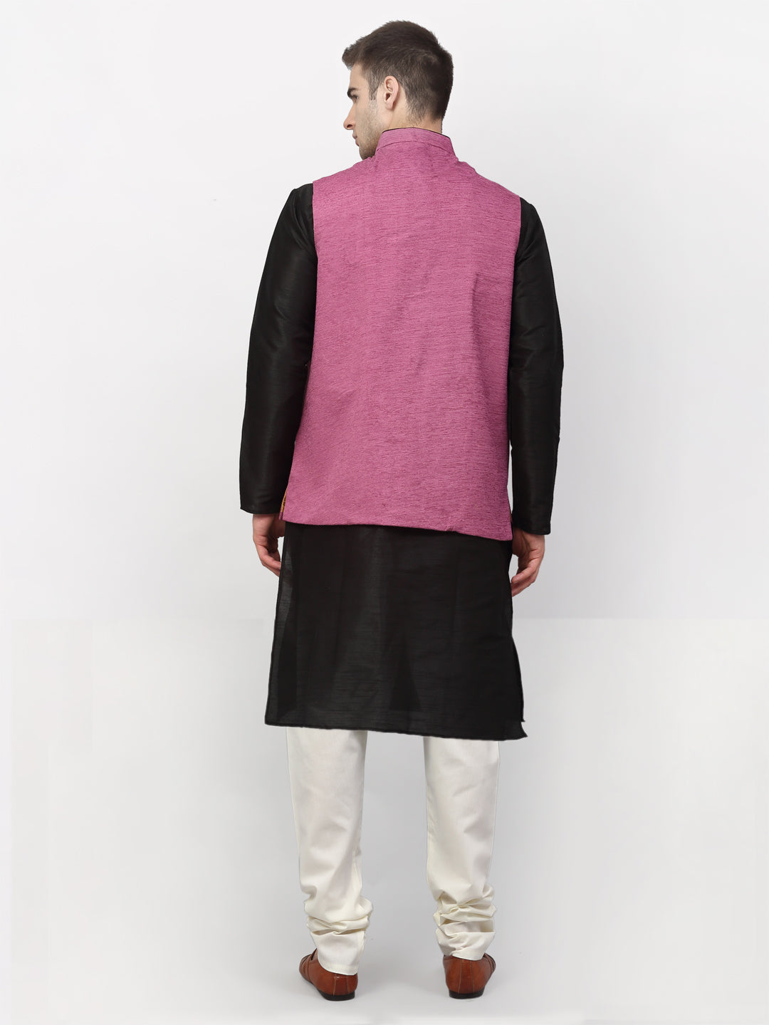 Black Dupion Silk Mens Kurta with Churidar & Jacket | Ethnic