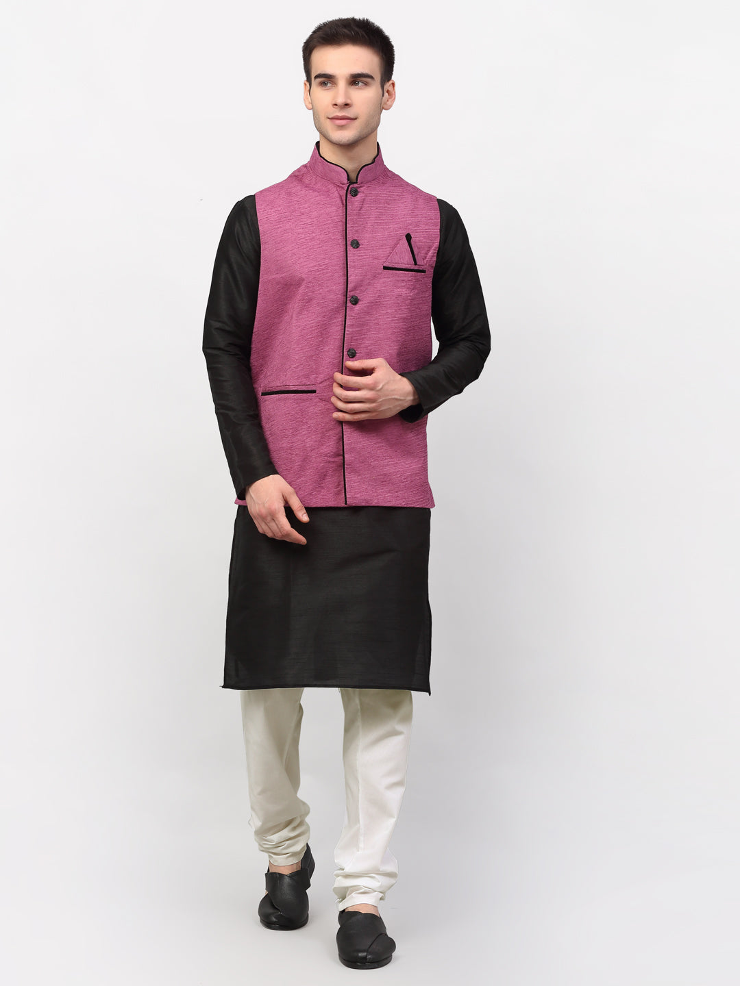 Black Dupion Silk Mens Kurta with Churidar & Jacket | Ethnic