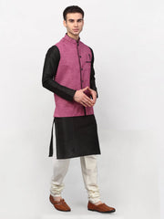 Men's Black Dupion Silk Kurta with Churidar & Jacket