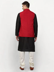 Men's Black Dupion Silk Kurta Churidar & Nehru Jacket