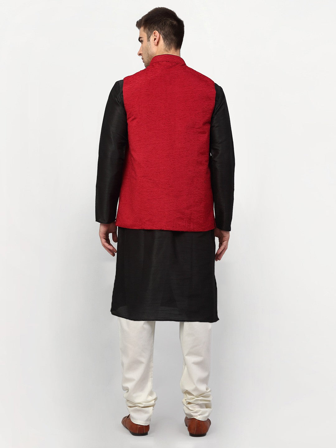 Black Dupion Silk Mens Kurta Pajama with Nehru Jacket