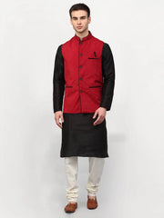 Men's Black Dupion Silk Kurta Churidar & Nehru Jacket