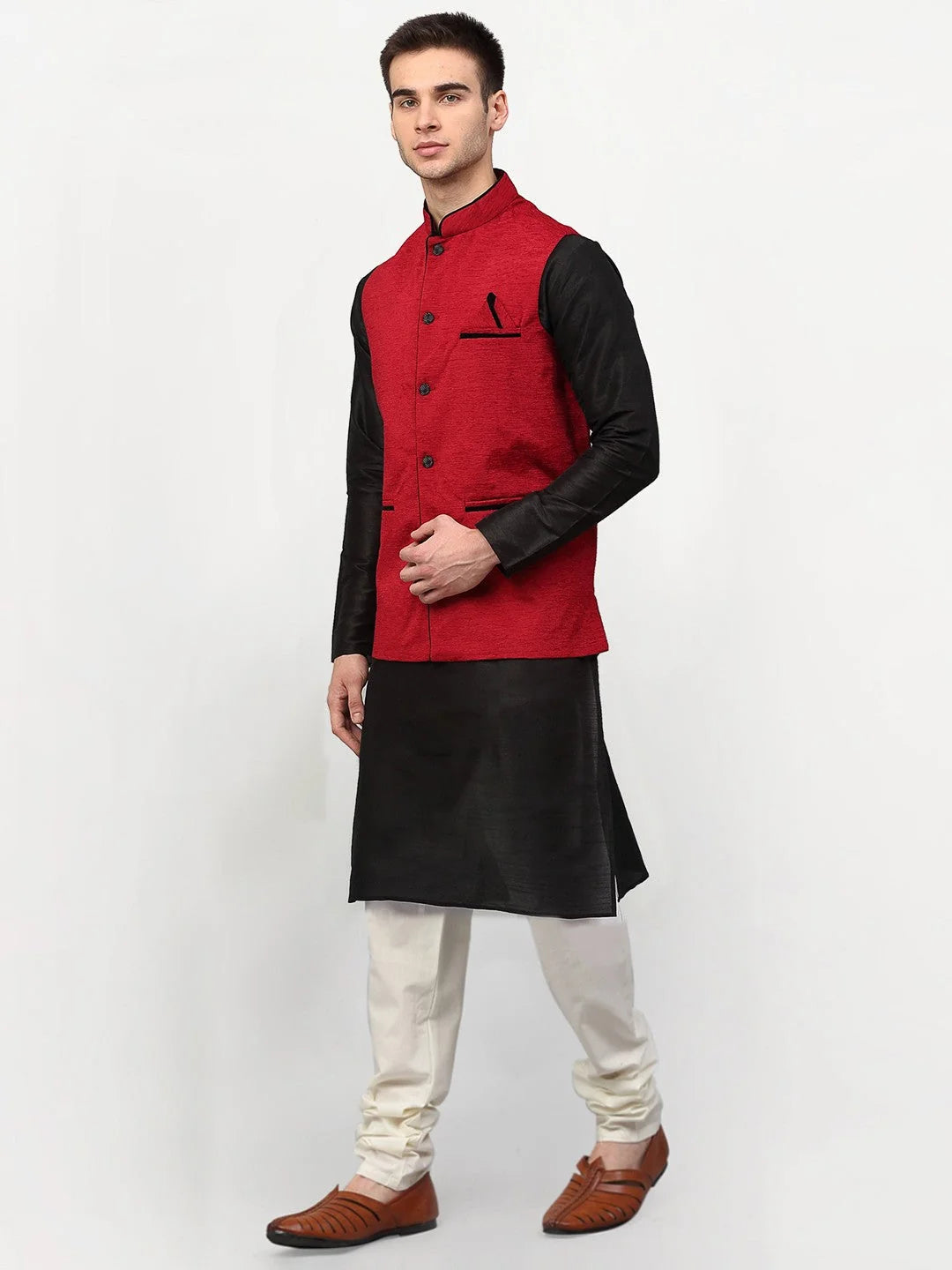 Black Dupion Silk Mens Kurta Pajama with Nehru Jacket