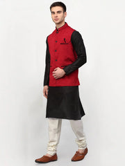 Men's Black Dupion Silk Kurta Churidar & Nehru Jacket