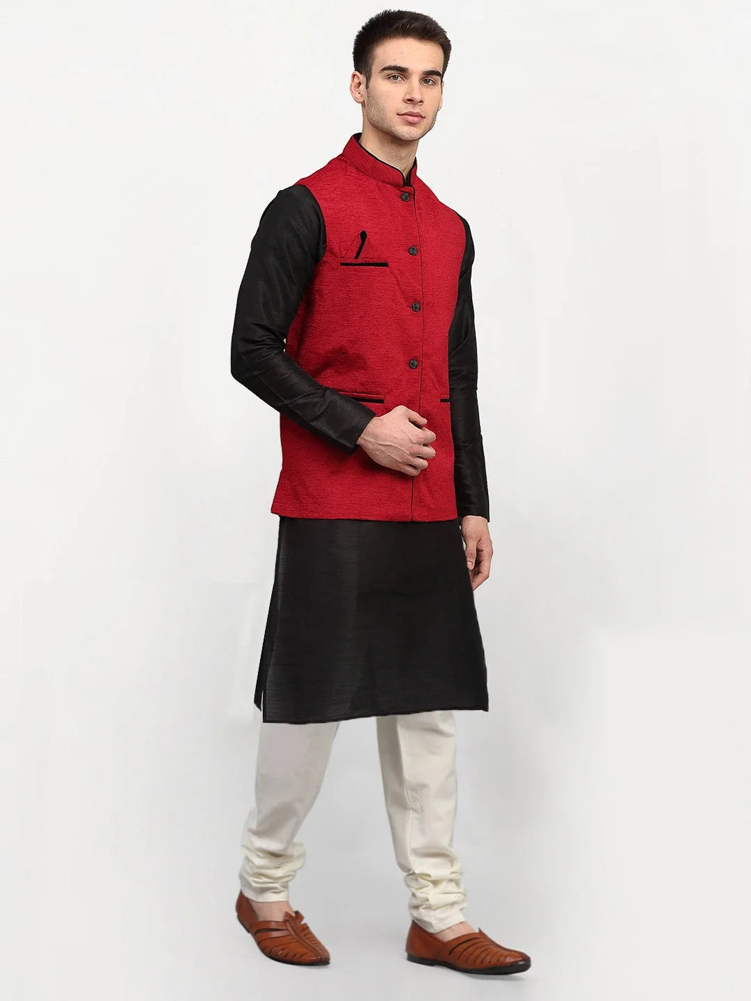 Black Dupion Silk Mens Kurta Pajama with Nehru Jacket