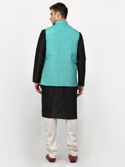 Men's Black Silk Kurta with Churidar & Nehru Jacket