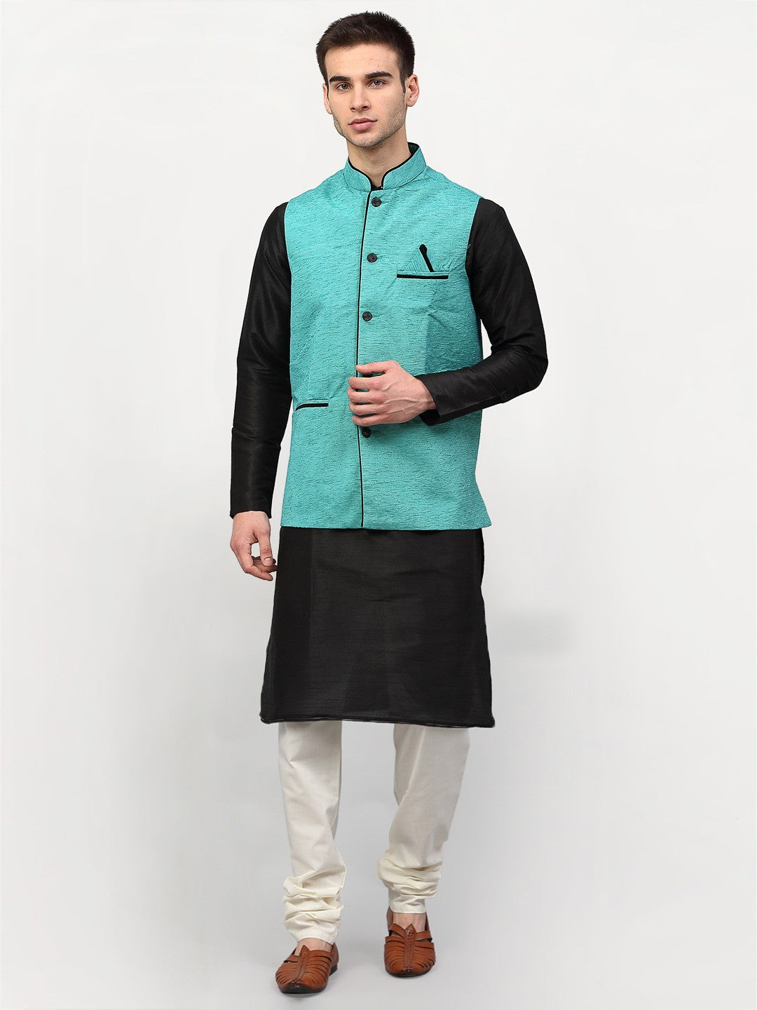 Black Silk Mens Kurta Pajama Set with Nehru Jacket | Ethnic Wear