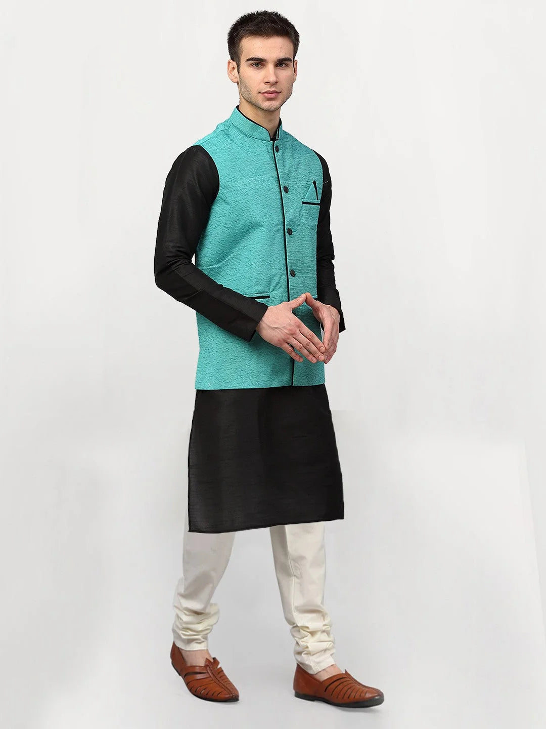 Black Silk Mens Kurta Pajama Set with Nehru Jacket | Ethnic Wear