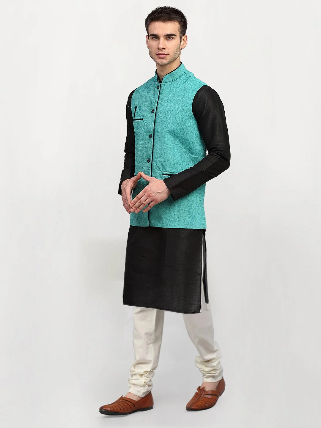Black Silk Mens Kurta Pajama Set with Nehru Jacket | Ethnic Wear