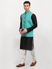 Men's Black Silk Kurta with Churidar & Nehru Jacket