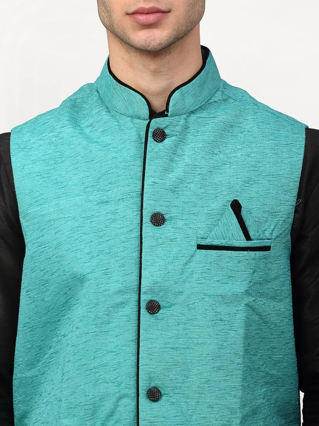 Black Silk Mens Kurta Pajama Set with Nehru Jacket | Ethnic Wear