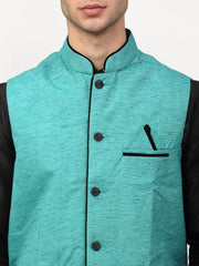 Men's Black Silk Kurta with Churidar & Nehru Jacket